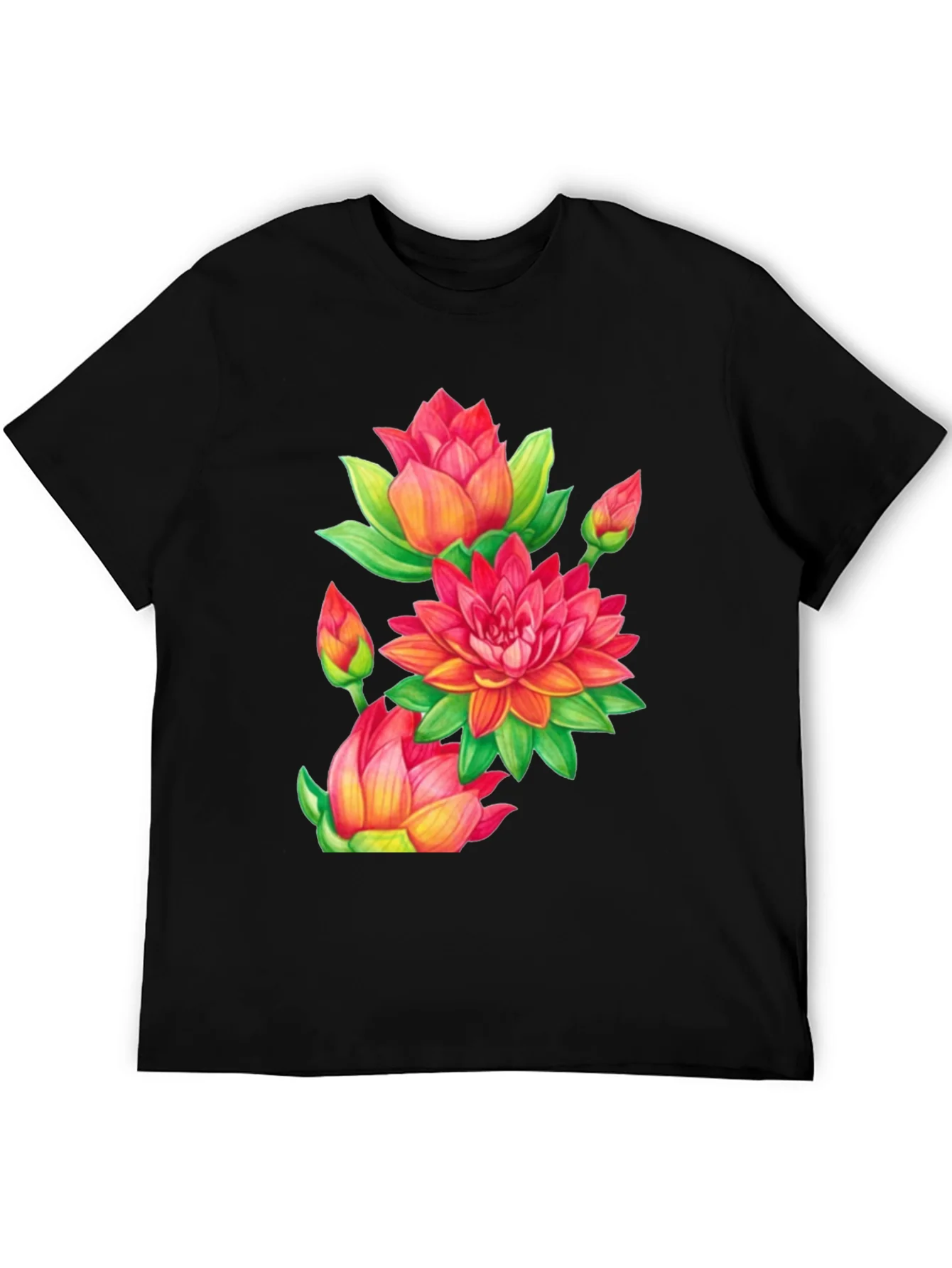 Floral Lotus Print Black T-Shirt